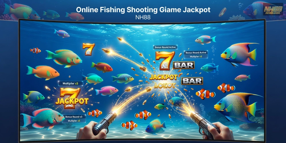 Minh họa khái niệm bắn cá nổ hũ nh88 với đồ họa sống động và jackpot hấp dẫn
