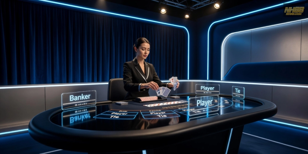Hình ảnh bàn chơi Evolution Baccarat trên nền tảng nh88 với giao diện sống động và dealer hấp dẫn