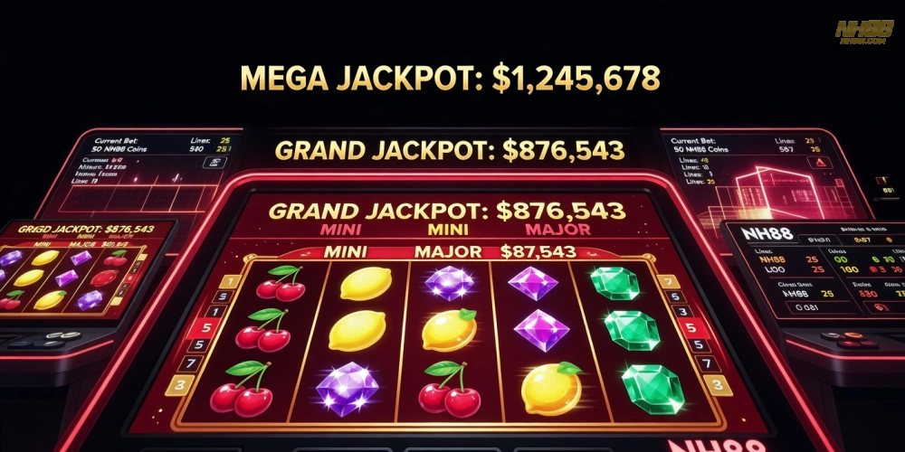 Minh họa khái niệm nổ hũ trên nền tảng NH88 với jackpot tích lũy