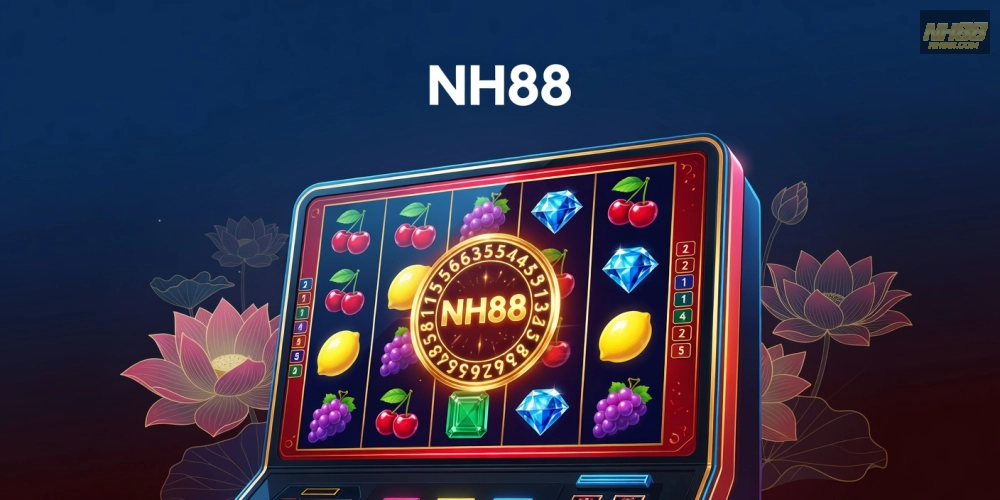 Minh họa khái niệm quay nổ hũ nh88 với giao diện slot machine hiện đại và jackpot tích lũy